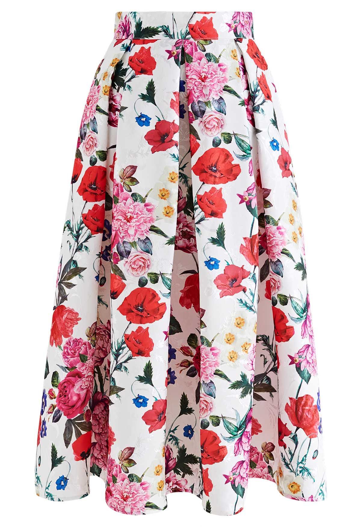 Blossom Bliss Jacquard Pleated Midi Skirt | Chicwish