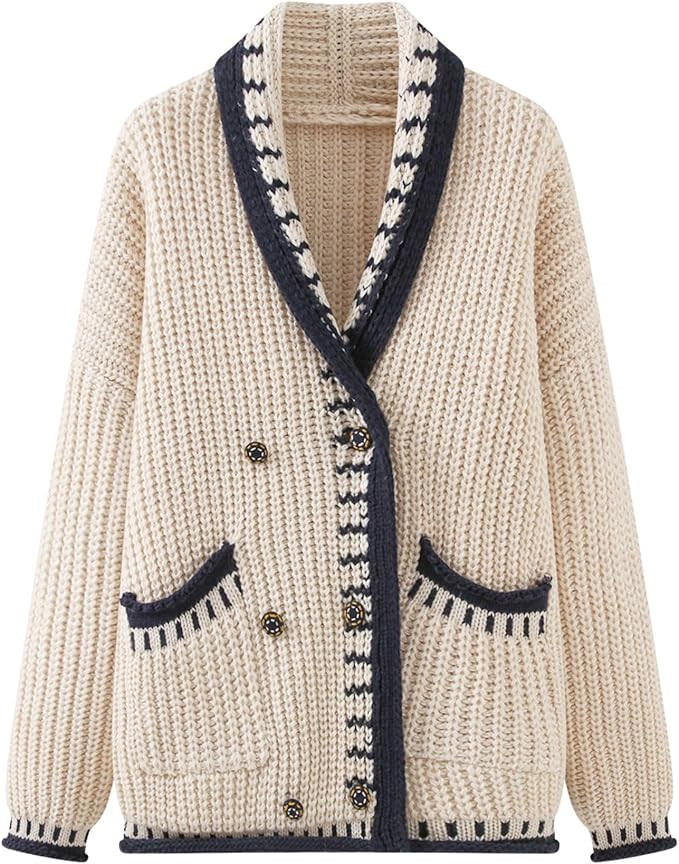 Chevara Women’s Stylish Chunky Knit Cardigan Sweater Turn Down Collar Long Sleeve with Contrast... | Amazon (US)