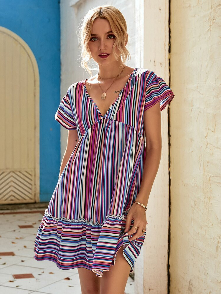 Striped Frill Ruffle Hem Smock Dress | SHEIN