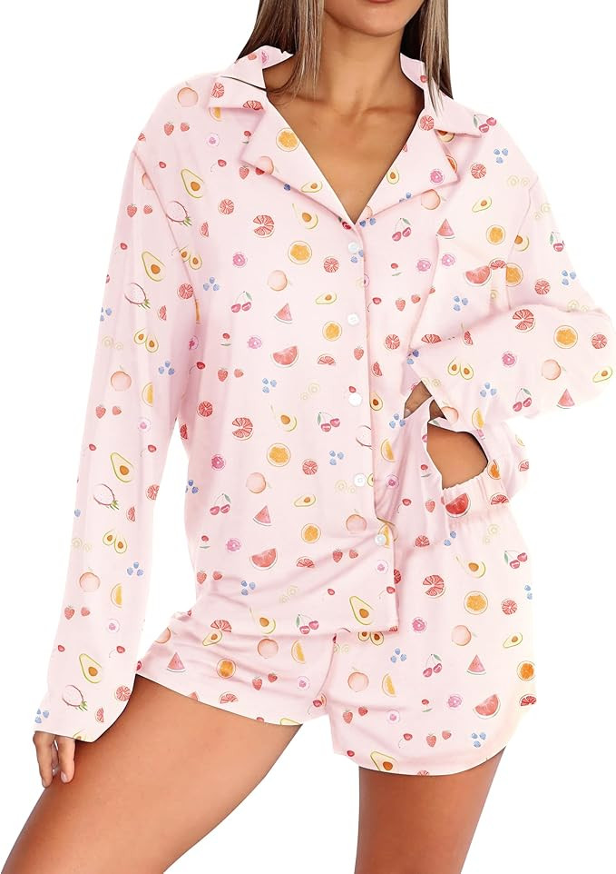 Dressmine Pajama Sets for Women 2 Piece Shorts Cute Button Up Pjs Set Fall Sleepwear Long Sleeve ... | Amazon (US)