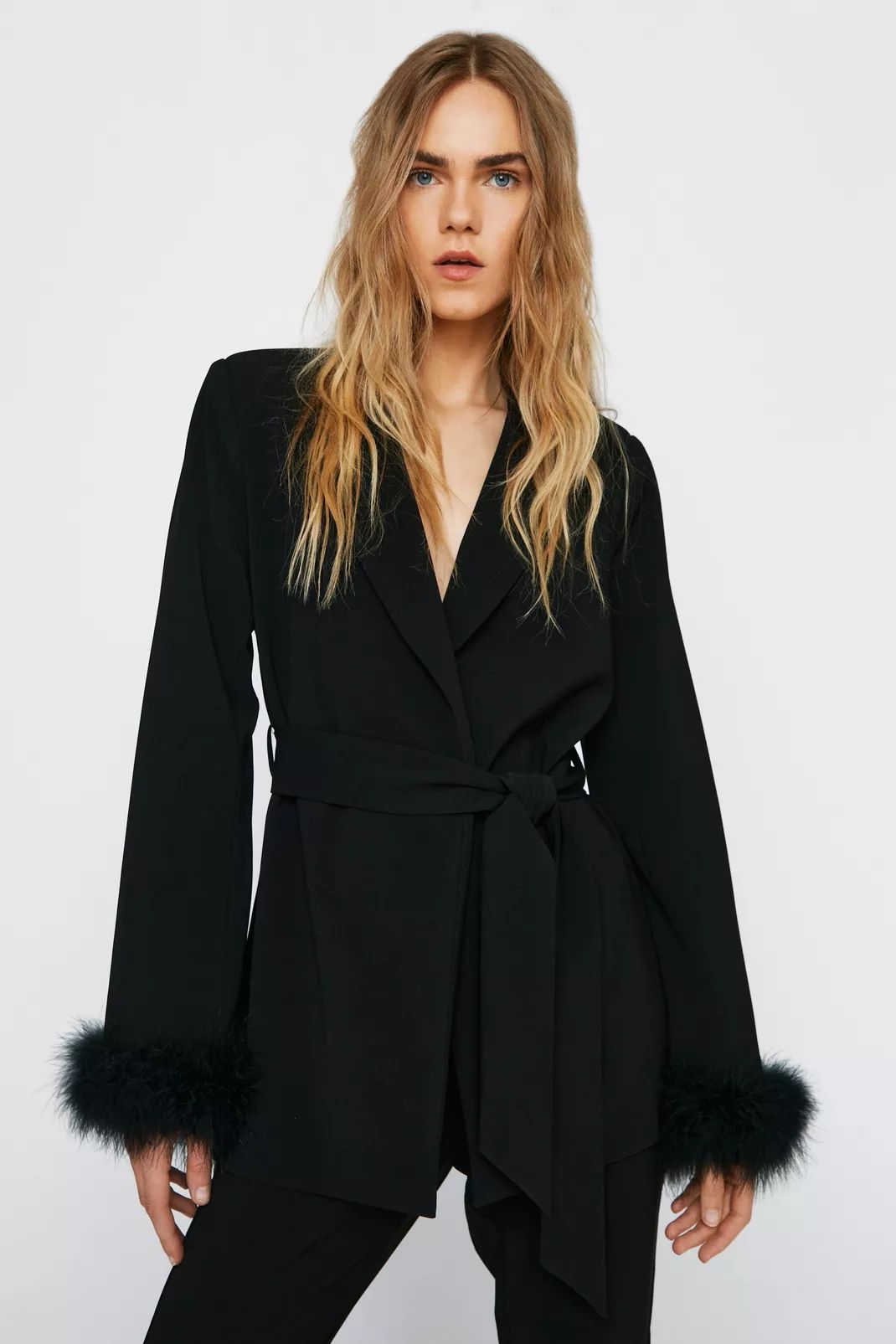 Belted Blazer With Feather Cuffs | Nasty Gal (US)
