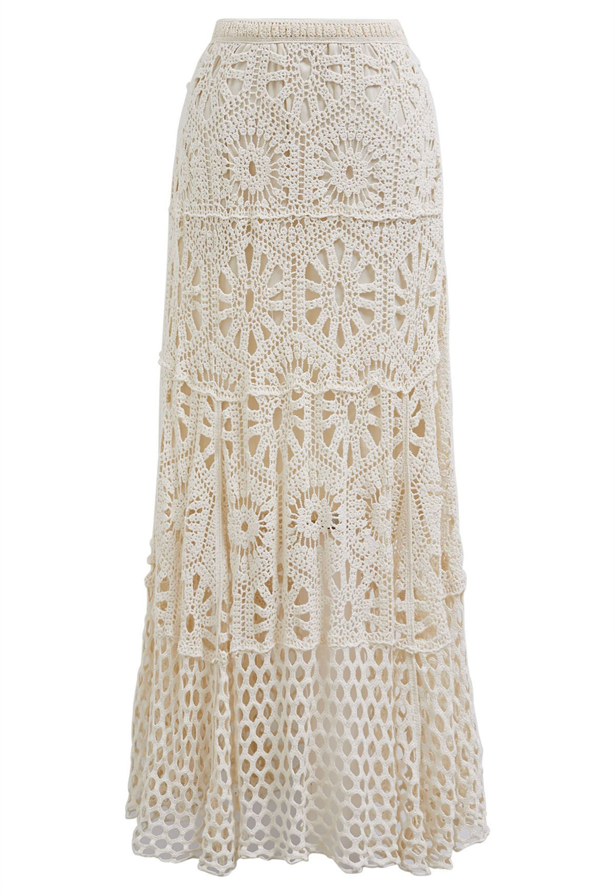 Bohemian Cutwork Crochet Maxi Skirt in Sand | Chicwish