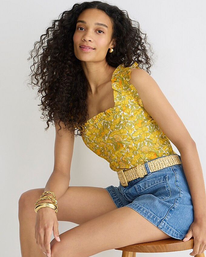 Ruffle-trim stretch cotton poplin top in limone print | J. Crew US