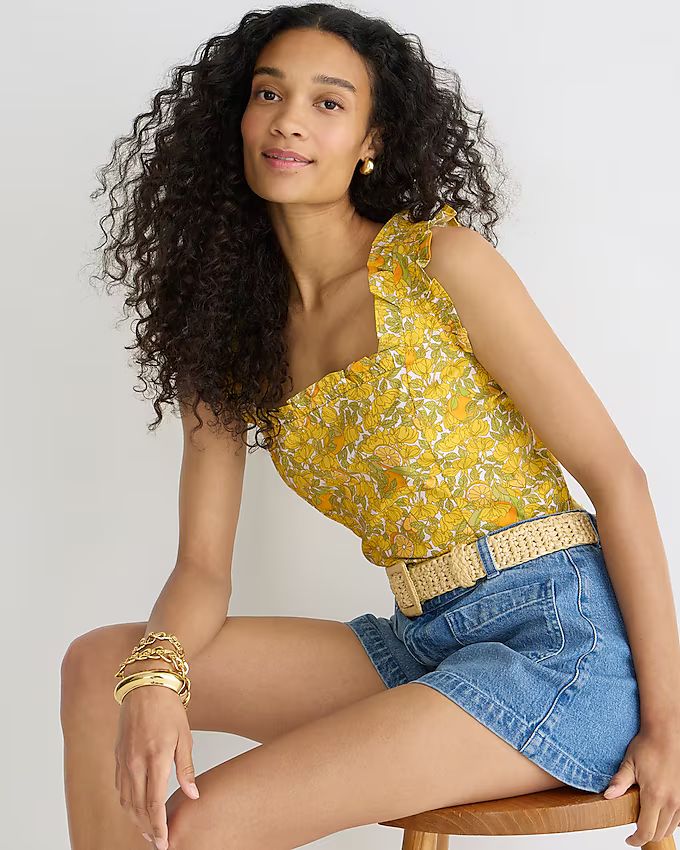 Ruffle-trim stretch cotton poplin top in limone print | J.Crew US