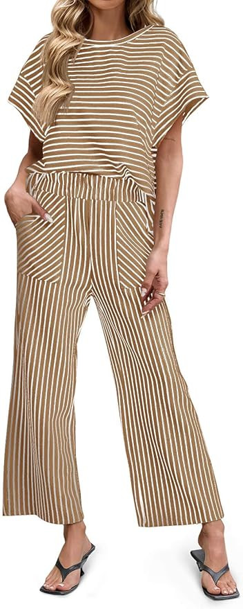 Tankaneo Womens Striped 2 Piece Sets Short Sleeve T Shirts Wide Leg Pants Matching Lounge Set wit... | Amazon (US)