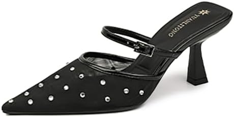 Rhinestones Mesh Kitten Heel for Women's Sexy Pumps Strap Pointed Closed Toe One Strap High Heel ... | Amazon (US)