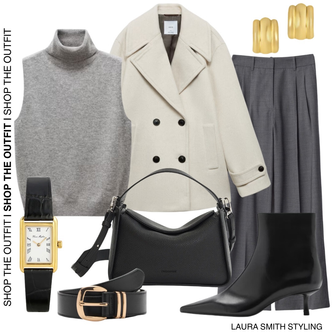 A timeless outfit with timeless accessories. 

Including white coat, grey roll neck top, grey tailored trousers, gold stud earrings, black & gold watch, black heeled boots, black handbag and black & gold belt  

#LTKstyletip #LTKuk #LTKautumn