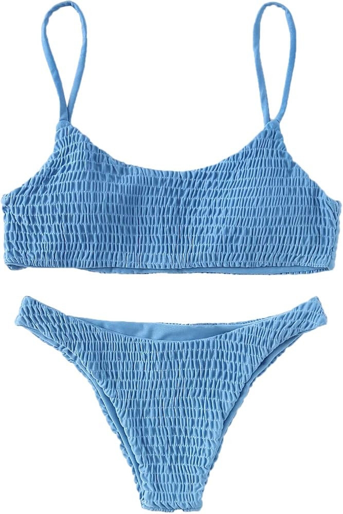 Women's 2 Peices Bathing Suit Smocked Wireless Bikini Bandeau Top Thong Swimsuit | Amazon (US)
