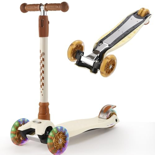 3 Wheel Scooter for Kids Ages 6-12,Kids Scooter with Light Up Wheels, Sturdy Deck Design, and 4 Height Adjustable Suitable for Kid Ages 3-12 (Beige) | Amazon (US)