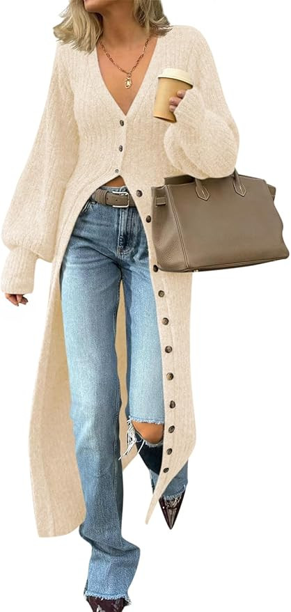 Saodimallsu Womens Long Cardigans V Neck Button Down Chunky Knit Dusters Sweater Coat Fall Trendy... | Amazon (US)