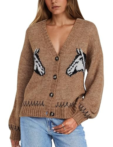 MISSACTIVER Women's Horse Graphic Cardigans V Neck Button Down Knit Sweaters Vintage Long Sleeve Sweater Jackets Camel | Amazon (US)