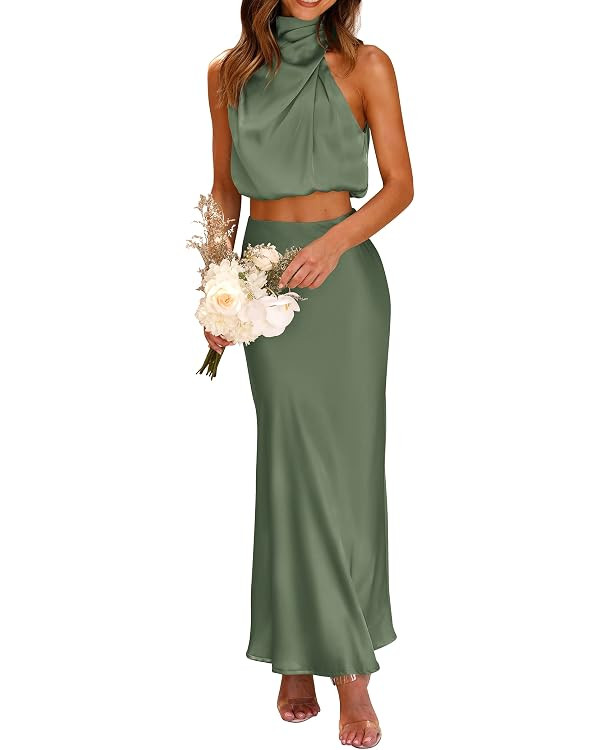 PRETTYGARDEN Women's 2 Piece Satin Outfits Summer Sleeveless Mock Neck Crop Tops and Long Skirt D... | Amazon (US)