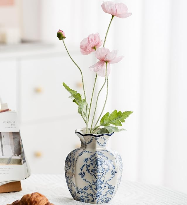 Blue and White Vase, Vintage Blue Ceramic Flower Vessel,Ceramic vases for Home Decor,Vintage Gree... | Amazon (US)