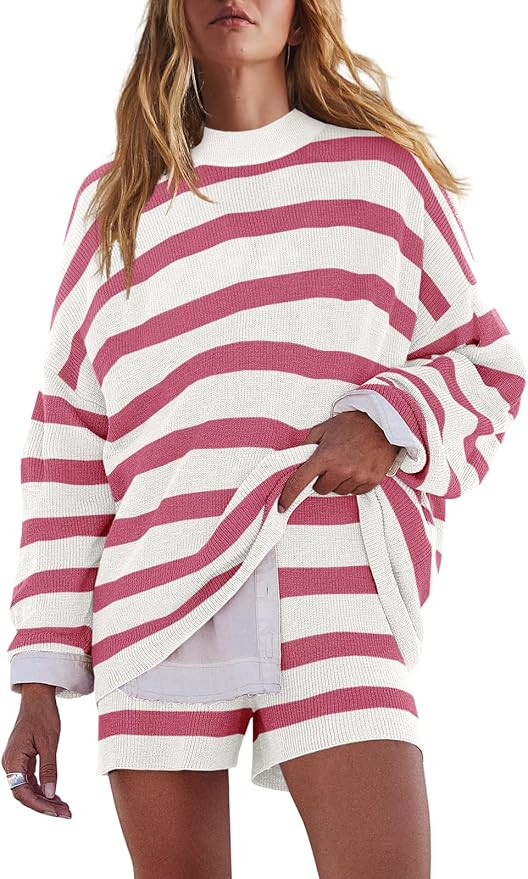 LAMISSCHE Womens Oversized Lounge Sets 2 Piece Outfits Striped Matching Pajama Set Long Sleeve Sw... | Amazon (US)