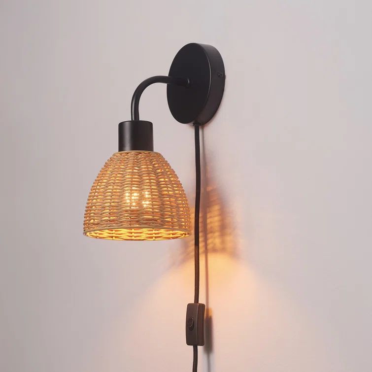 1-Light Matte Black Plug-In Or Hardwire Wall Sconce With Rattan Shade | Wayfair North America