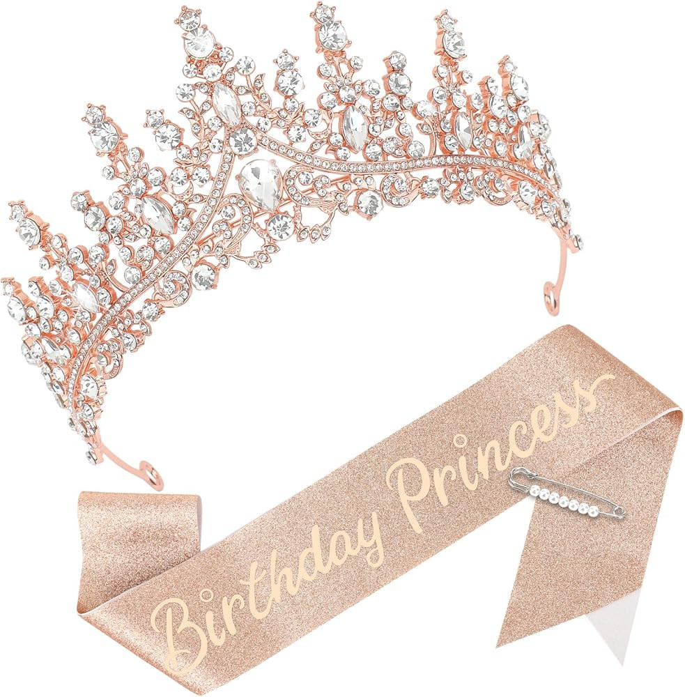 CAVETEE Birthday Princess Crown and Sash, Birthday Crown with Glitter Sash for Princess Party Dec... | Amazon (US)