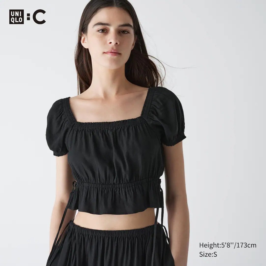 Geraffte cropped Kurzarm Bluse | UNIQLO (DE)