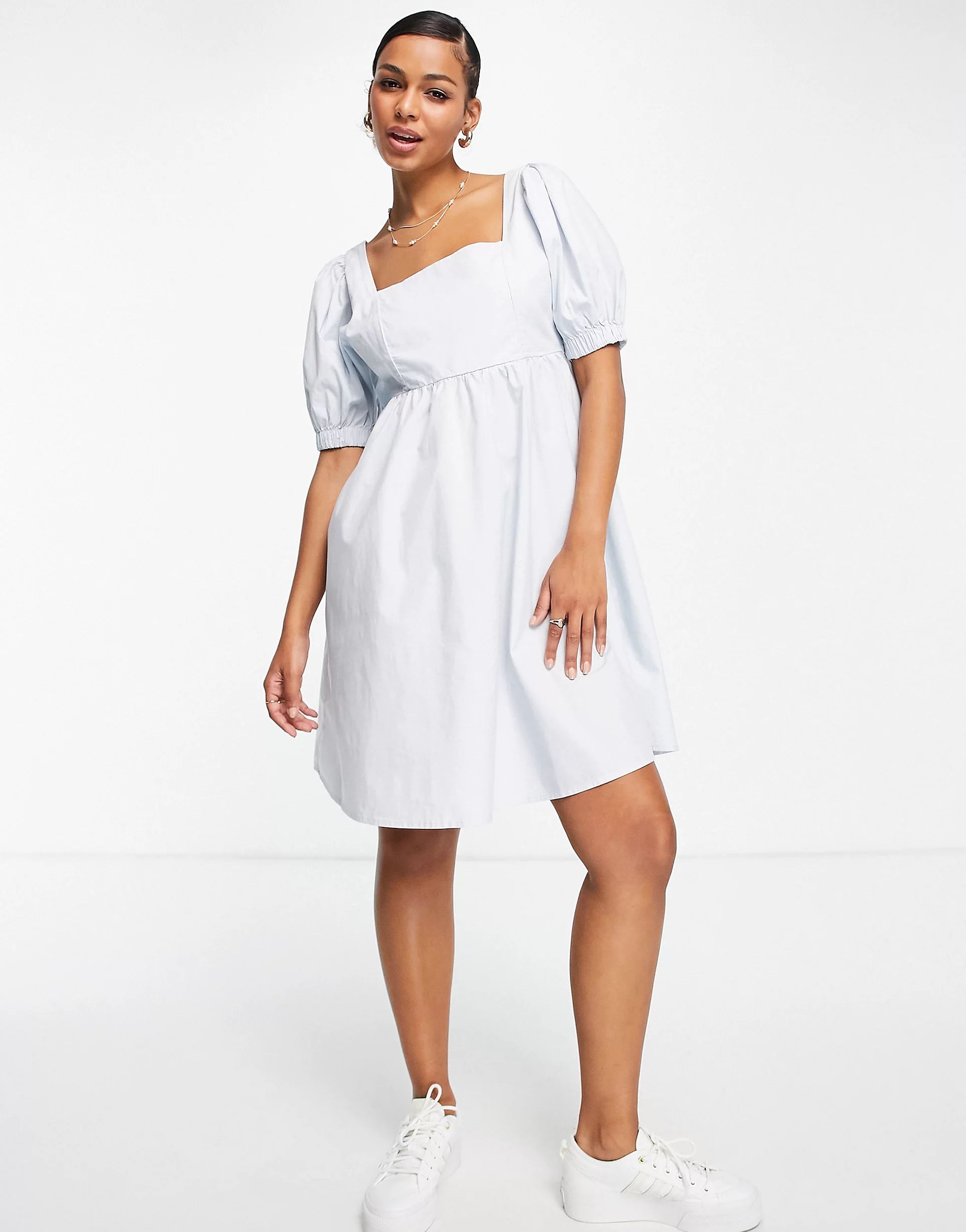 Pieces puff sleeve mini smock dress in blue | ASOS (Global)