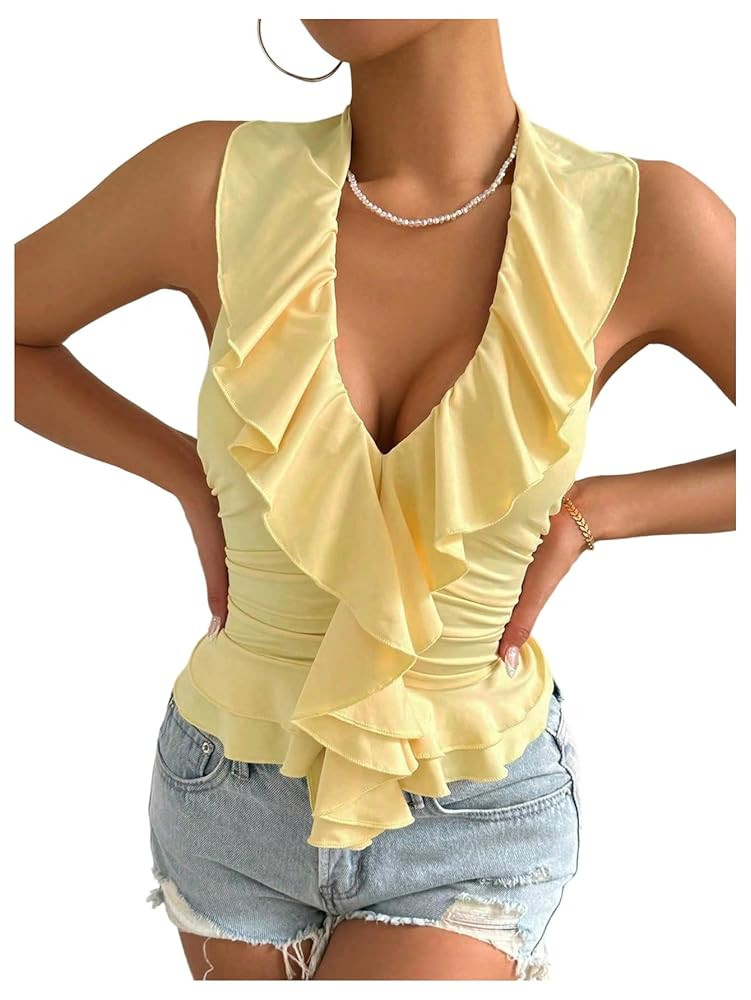 Milumia Women's Ruffle Trim Bow Tie Backless Halter Top Sleeveless V Neck Slim Fit Tank Tops | Amazon (US)