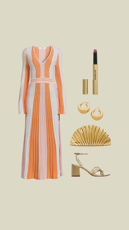 Summer occasionwear outfit - pink & orange striped midi dress, gold heels & clutch bags, Monica vinader gold chunky hoop earrings & hourglass glossy balm lipstick  

#LTKstyletip #LTKeurope #LTKSeasonal
