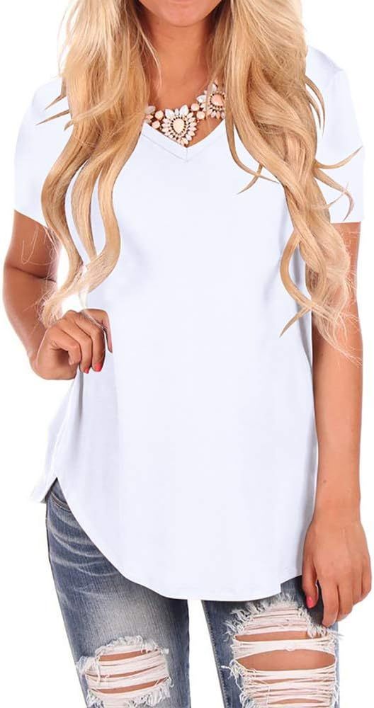 Womens Casual Curved Hem Long Sleeve T Shirt V Neck Side Slit Blouse | Amazon (US)