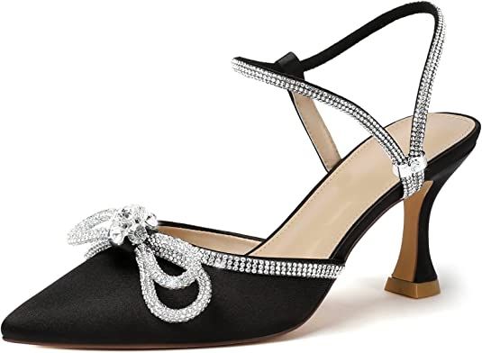 Amazon.com | Susanny Black Rhinestone Heels for Women Bow Heels Evening Party Ankle Strap Closed ... | Amazon (US)