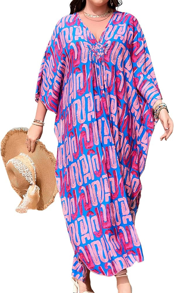 Women's Plus Size Tropical Kaftan Dress V-Neck Batwing Sleeve Beach Cover Up for Swimsuit Vacatio... | Amazon (US)