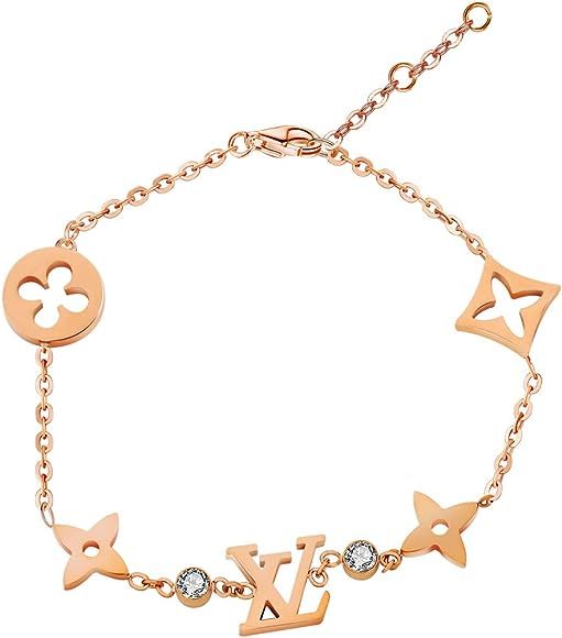 Designer Clover Chain Bracelet with Letter, Trendy Rose Gold Plated Bracelet for Women,Stainless ... | Amazon (US)