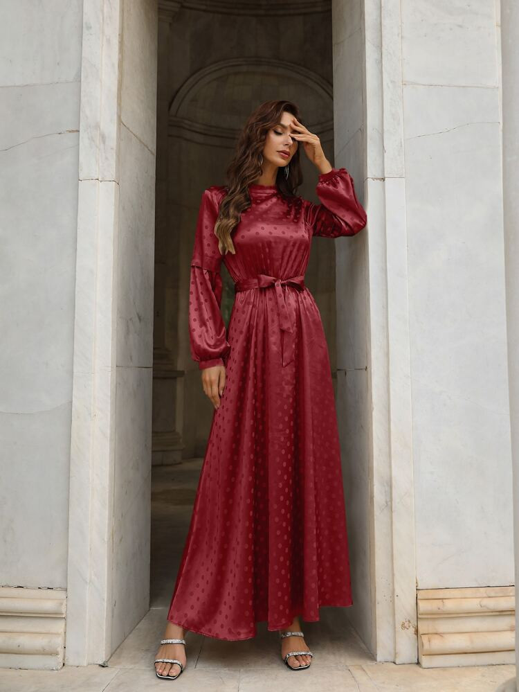Satin Polka Dot Belted A-line Dress | SHEIN