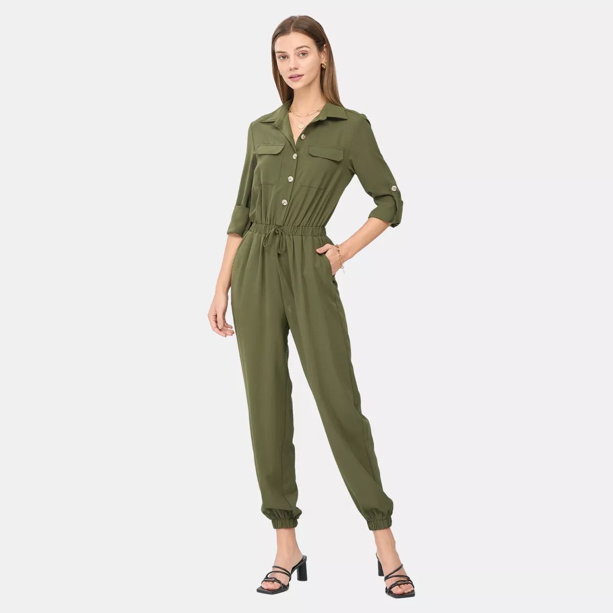 Women's Dark Forest Green Button-Front Jumpsuit-M-Green | Target