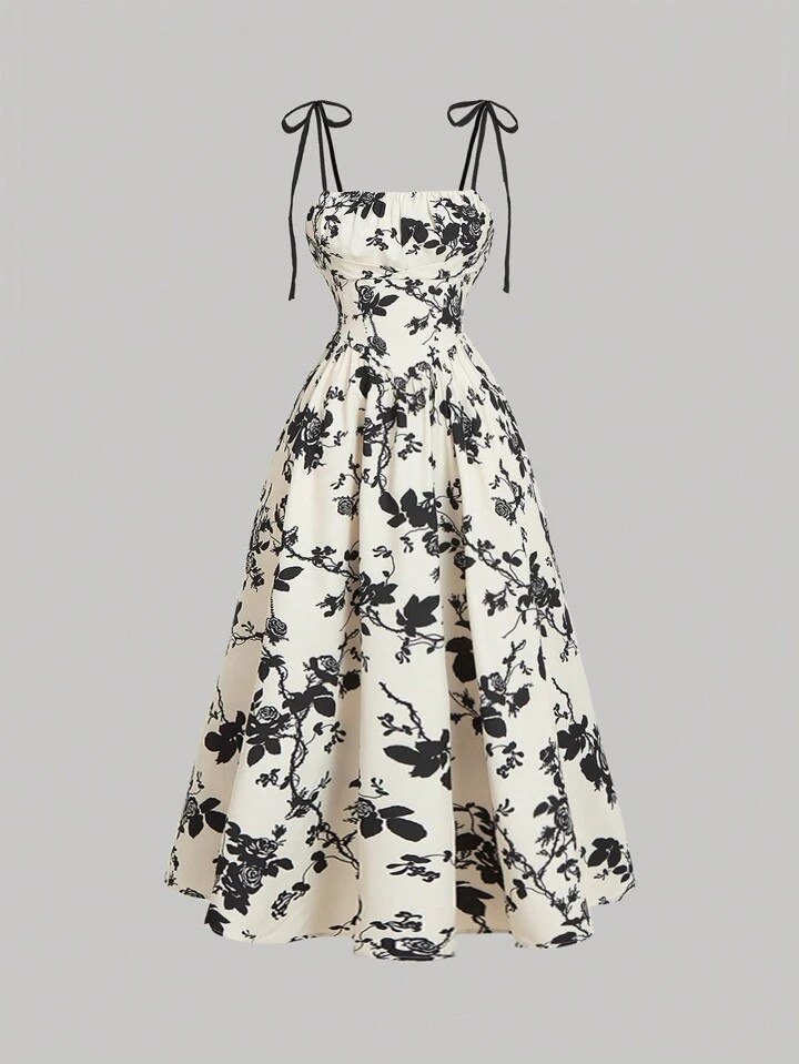 SHEIN MOD Women Apricot Background Black Silhouette Flower Print Cami Dress,Renaissance Dress,Hom... | SHEIN