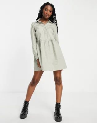 ASOS DESIGN cotton mini smock shirt dress in khaki | ASOS (Global)