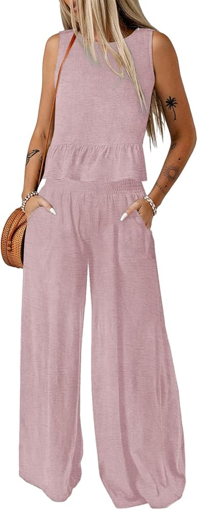 Dokotoo Pants Sets Women 2 Piece Outfits Sleeveless Round Neck Tank Tops Matching Sets for Women ... | Amazon (US)