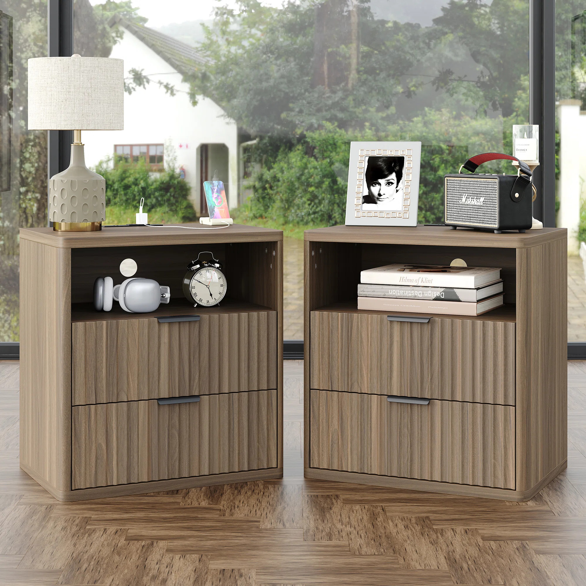 Bloxom 2-Drawer Nightstand with Charging Station,Fluted Design (Set of 2) | Wayfair North America