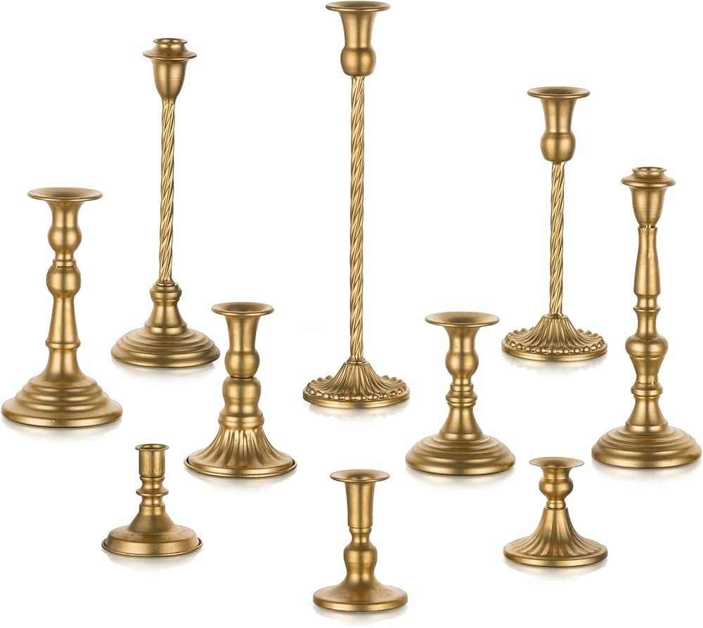 Candlestick Candle Holders Gold: Tall Taper Candles Stick Holder Wedding Decor Set of 10 Brass Di... | Amazon (US)