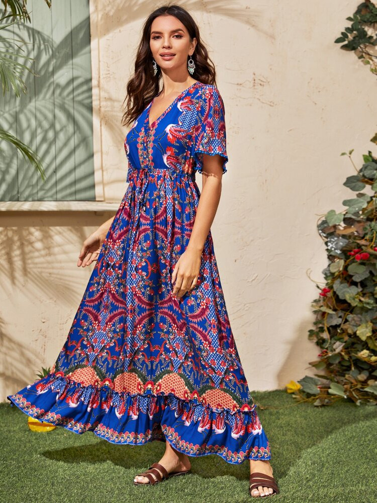 Floral & Tribal Print Frill A-line Dress | SHEIN