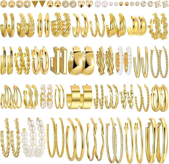 48 Pairs Gold Hoop Earrings Set for Women, Christmas Fashion Chunky Pearl Earrings Multipack Twis... | Amazon (US)