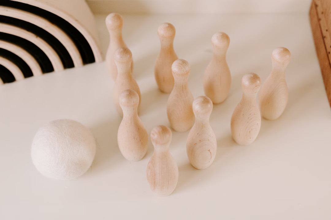 Wooden Bowling Pins + Wool Ball Positioning Trajectory Baby Toddler Preschool Activity - Etsy | Etsy (US)