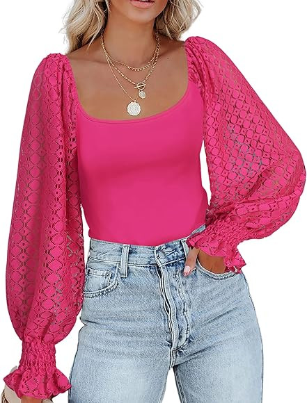 Zeagoo Women's Square Neck Puff Long Sleeve Bodysuit Off Shoulder Leotard Sheer Polka Dot Sleeve ... | Amazon (US)