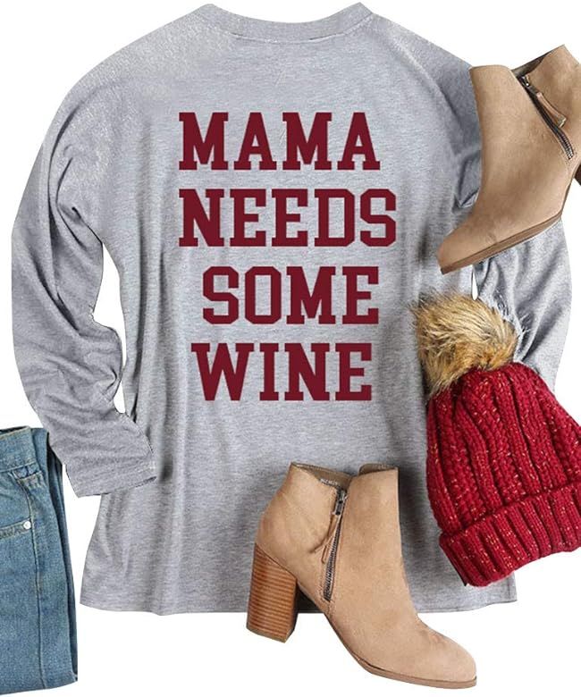 Women Long Sleeve Shirt Mama Needs Some Wine Letter Print Casual Tops | Amazon (US)