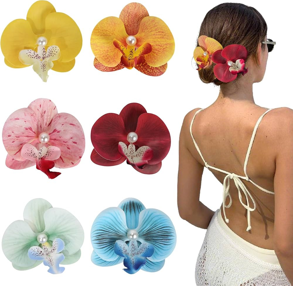 6-Pack Flower Hair Clips - Hawaiian Tropical Orchid Hair Clips Bohemian Hairpins with Artificial ... | Amazon (US)