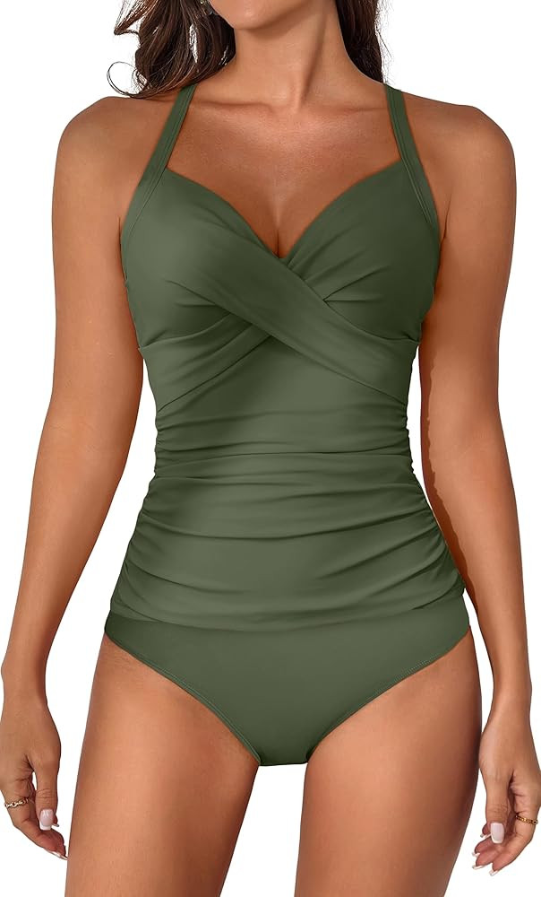 B2prity Women's Ruched Tankini Swimsuits V Neck Wrap Tie Back Two Pieces Bathing Suit Tummy Contr... | Amazon (US)