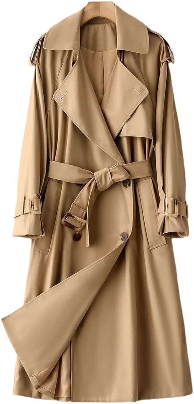 Women's Spring Autumn Long Trench Coat Temperament Cotton Waterproof Double-Breasted Belt Casual ... | Amazon (US)