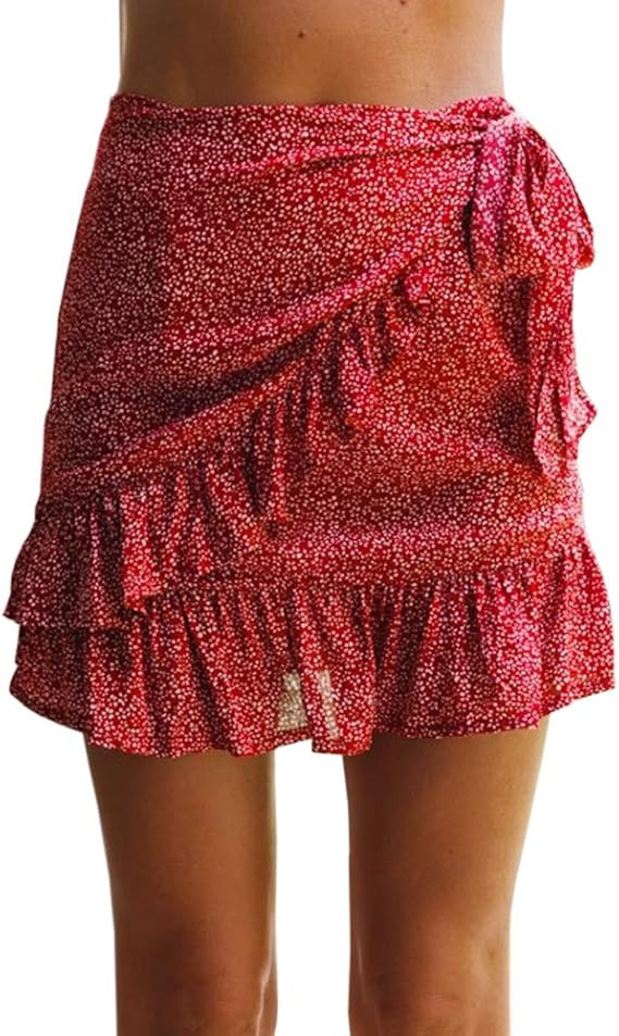 Jeanewpole1 Women's Floral Mini Skirts Wrap Pleated Ruffle Hem Cute Beach A Line Short Skirts | Amazon (US)