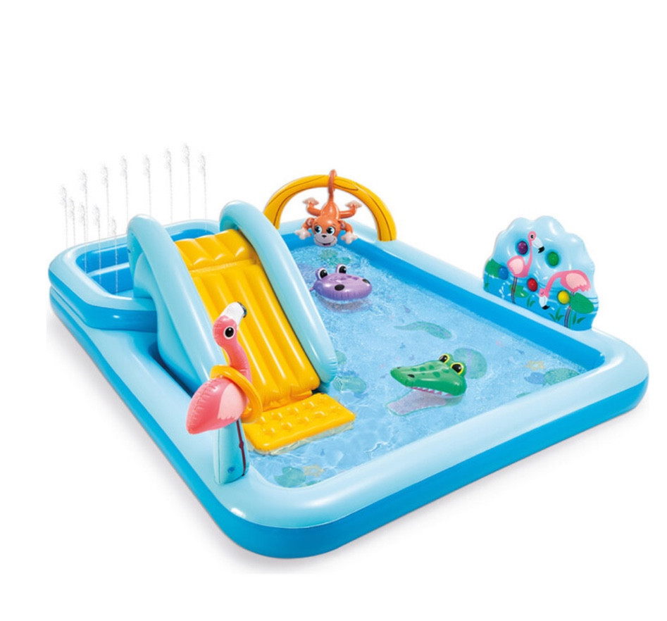 Inflatable Adventure Jungle Play Pool with a slide, sprinkler feature and inflatable palm trees, flamingo, monkey, ring toss game and 5 balls to fit the wall. 

#inflatablepool
#summertoy
#kidpool 

#LTKFamily #LTKHome #LTKKids