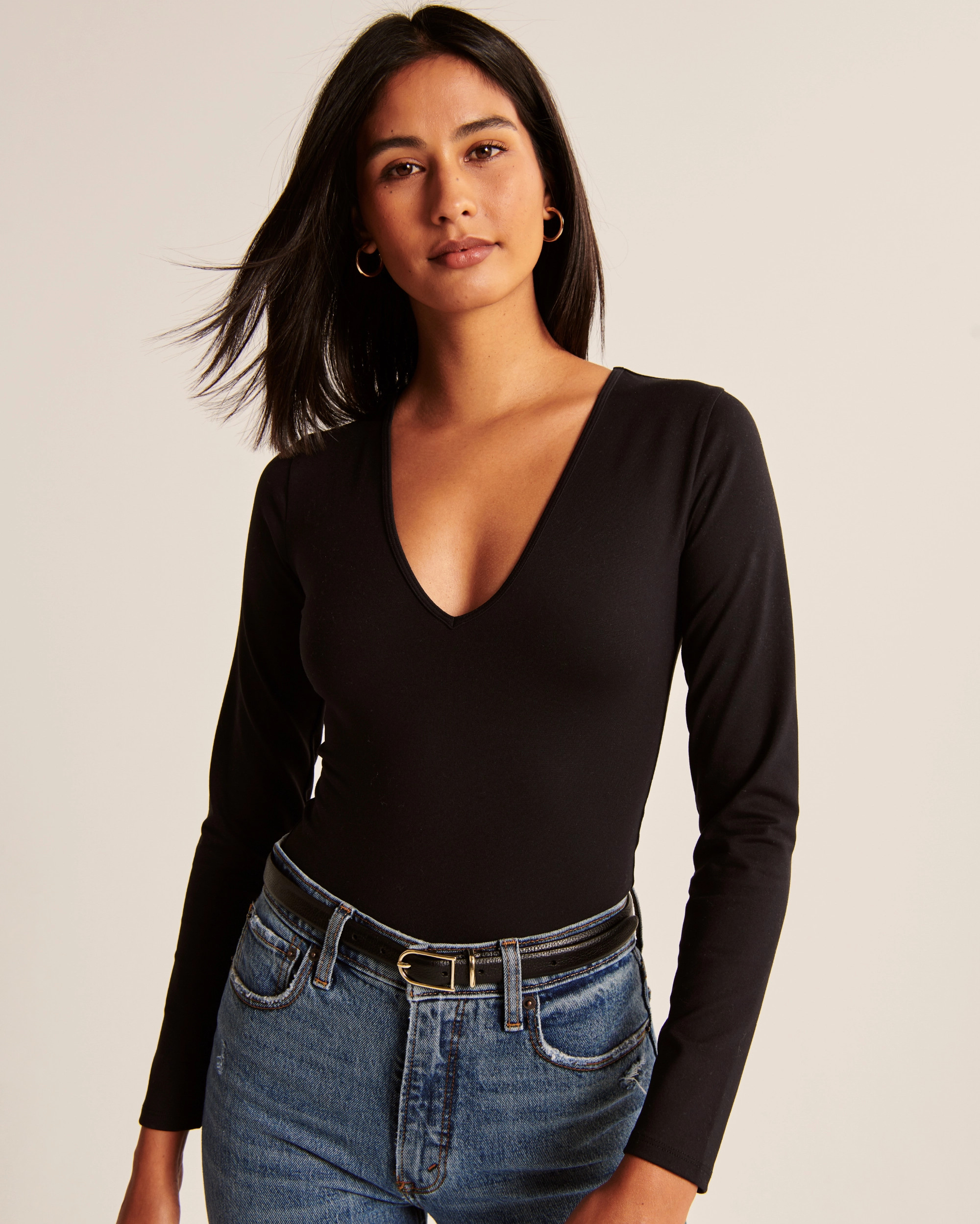 Long-Sleeve Seamless Deep-V Bodysuit | Abercrombie & Fitch (US)