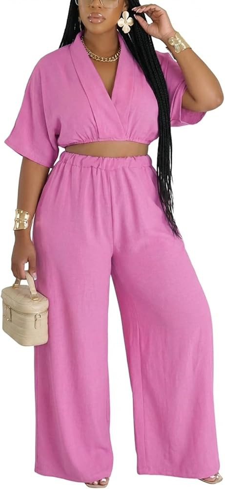 Choichic 2 Piece Sets for Women Summer Batwing Sleeve Crop Top and Wide Leg Pants Set Jumpsuits B... | Amazon (US)