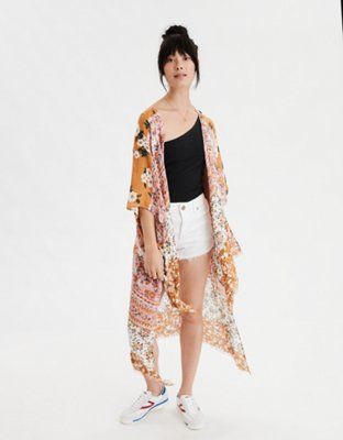 AE Floral Patchwork Midi Kimono | American Eagle Outfitters (US & CA)