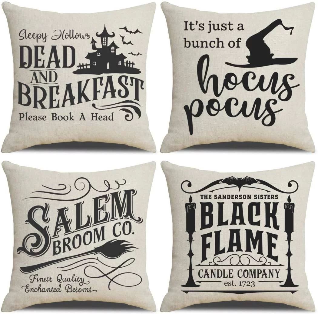 Spooky Happy Halloween Witch Pillow Covers Set of 4 Halloween Grey Color Decorations Quotes Cotto... | Walmart (US)