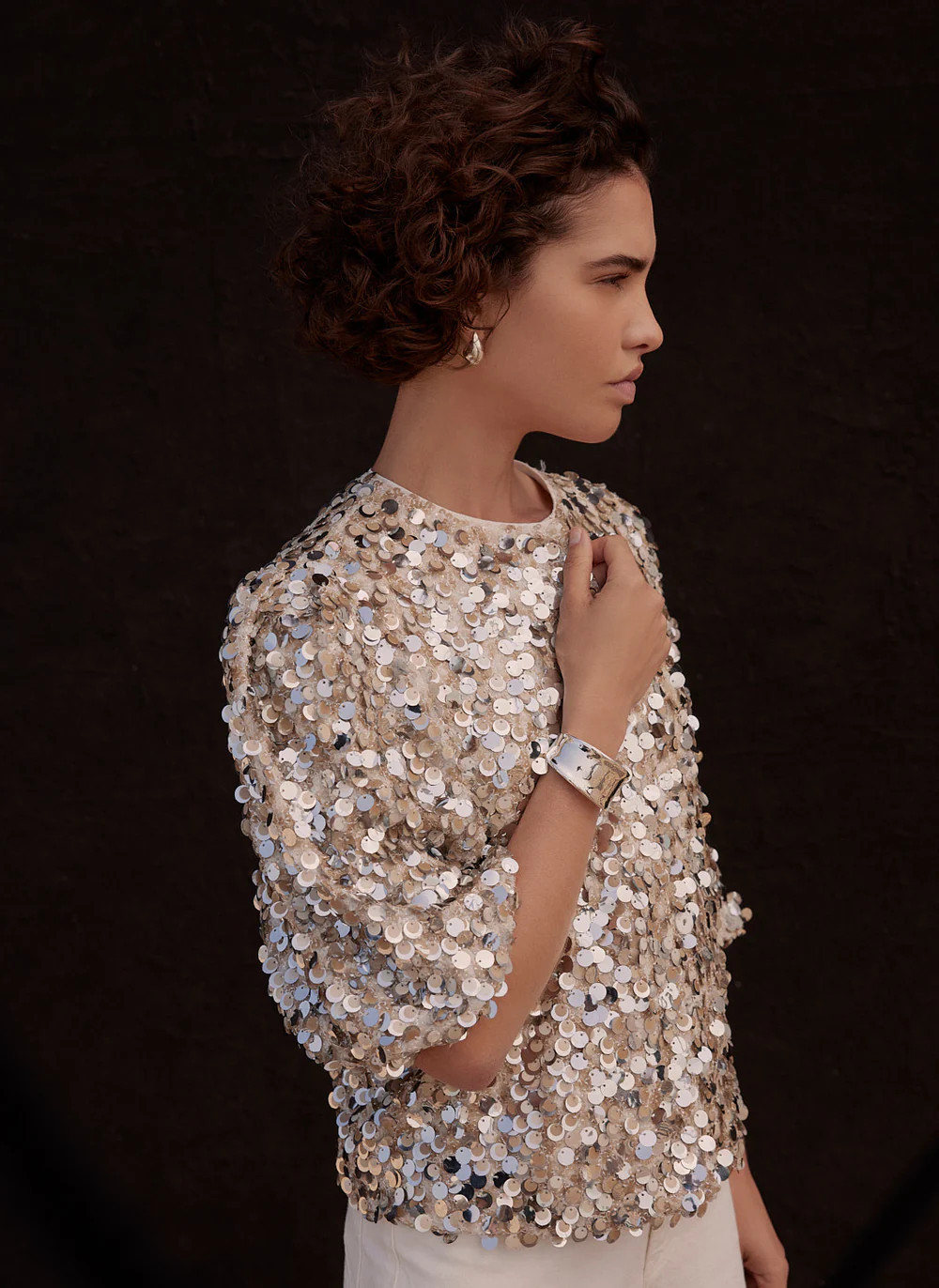 Silver Sequin Puff Sleeve Top | Mint Velvet